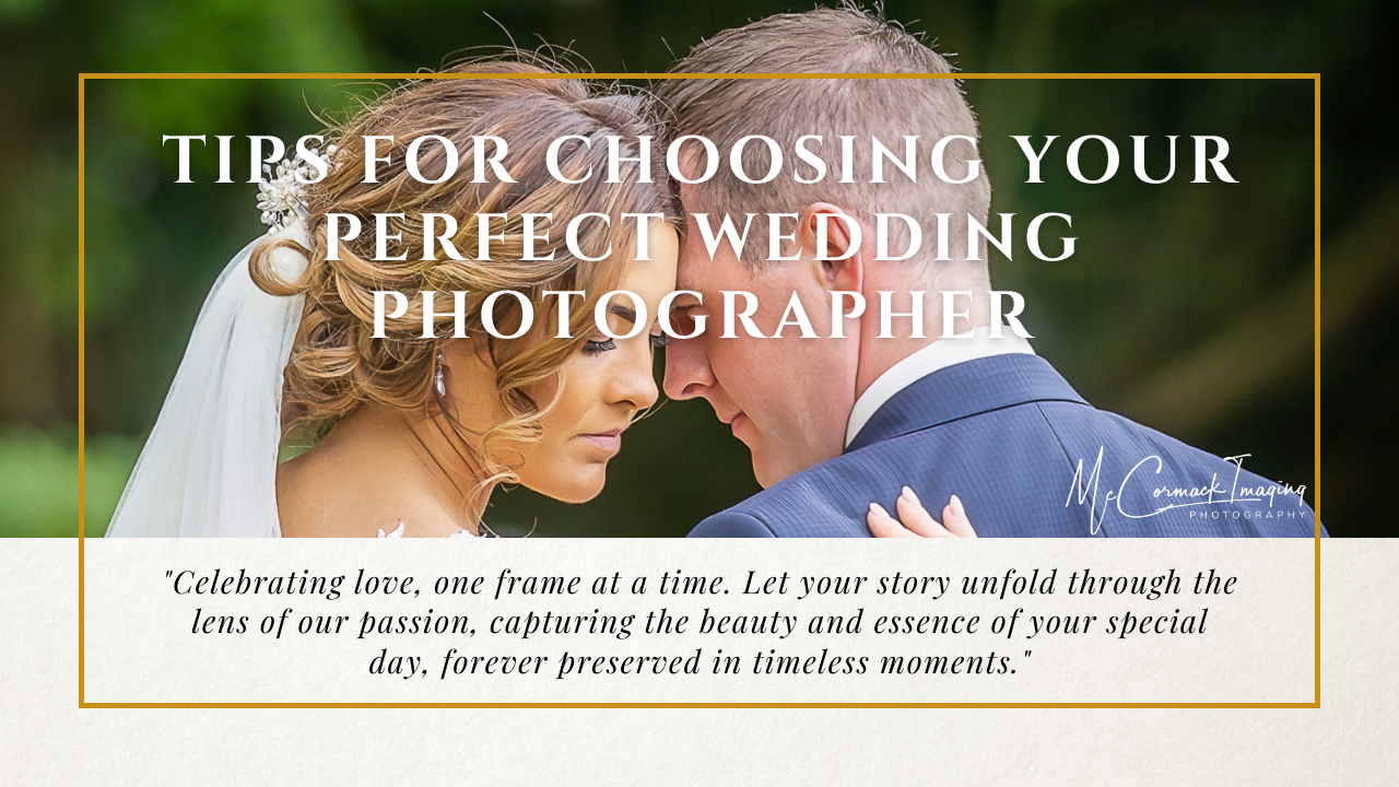 Wedding promotional banner featuring a close-up photo of a bride and groom looking at each other affectionately, surrounded by greenery. The text reads "Tips for Choosing Your Perfect Wedding Photographer.