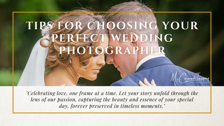 Wedding promotional banner featuring a close-up photo of a bride and groom looking at each other affectionately, surrounded by greenery. The text reads "Tips for Choosing Your Perfect Wedding Photographer.