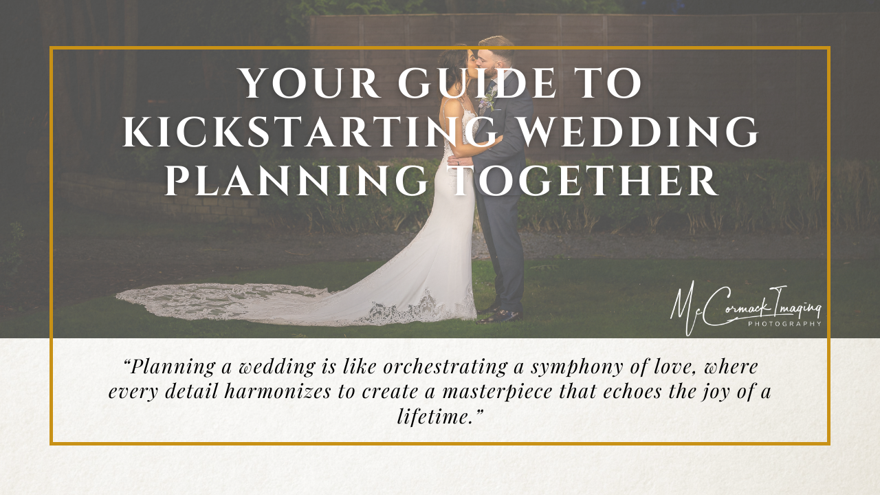 A bride in a long flowing white dress stands in a garden at night, holding a bouquet. Text overlay reads "your guide to wedding planning together," with an inspirational quote about wedding preparation.
