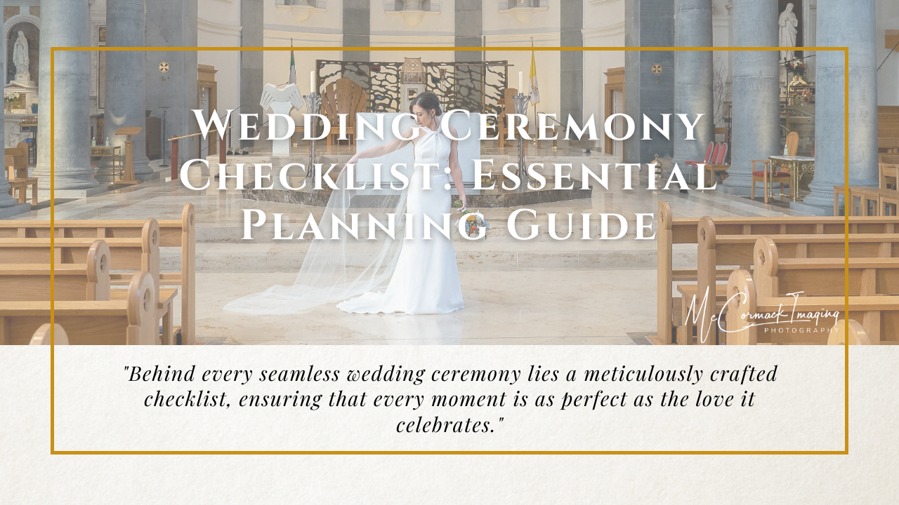 A bride walks down the aisle in a church, with rows of wooden benches on either side. text overlays offer a checklist and guide for planning a wedding.